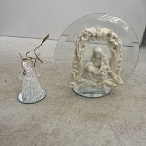 Holy Mary Baby Jesus Angel Glass Vigil Tealite Holder Candle & Angel Ornament